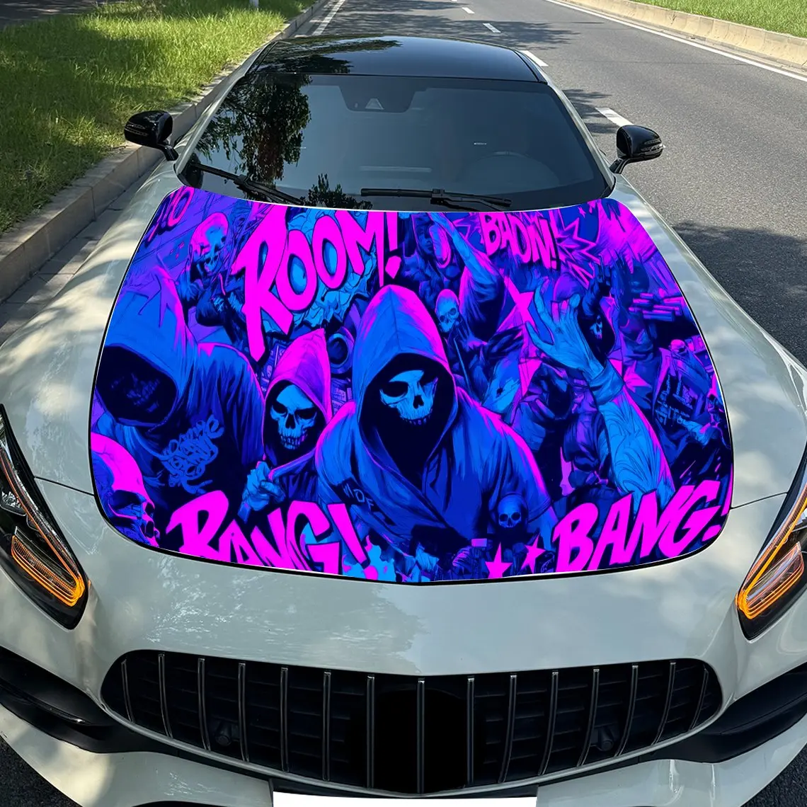 

Киберпанк череп автомобильный капот обертка красочная виниловая водонепроницаемая наклейка для грузовиков, декоративная графика капота и автоаксессуары высокие