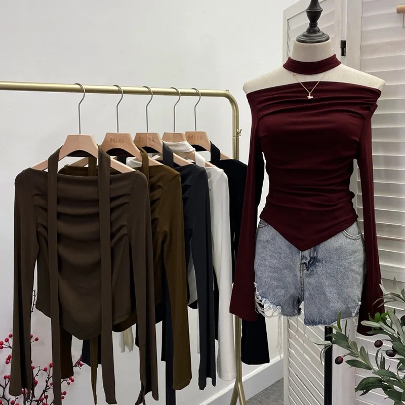 

Halter T-shirt Autumn One-line Shoulder Open Long-sleeved Fashion Top Slim Pleated Short Women's Base Shirt