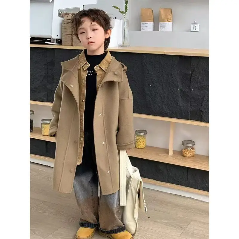 

Kids Autumn and Winter Children's Woolen Coat Windbreaker New Boys' and Girls' Hooded Medium to Long Warm Overcoat 4-12 Years
