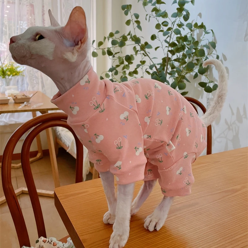 Sphynx Cat Warm Coat in Spring Hairless Cat Clothes Soft Cotton Turtleneck Jumpsuit For Devon Rex Sweet Sweatshirt For Kittens