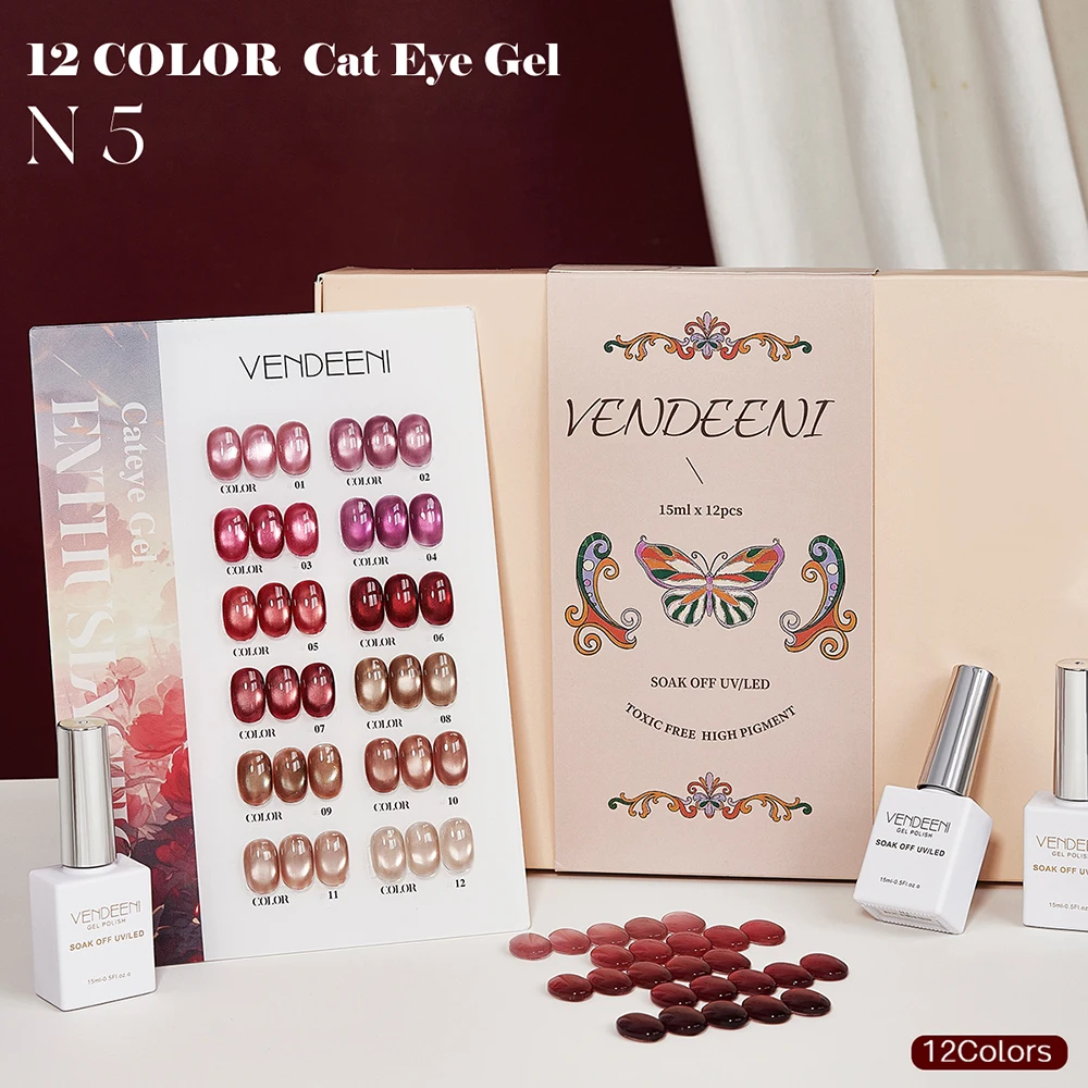 Vendeeni 12 Farben/Set Kristall-Katzenaugen-Gel-Nagellack Magnetischer UV-Soak-Off-Gel-Lack Rot Lila Neon-Katzenaugen-Gel mit Display – Detail 23