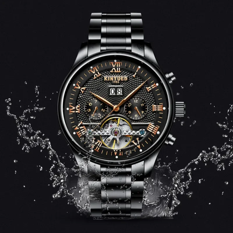 Kinyued Men\'s Classic Skeleton Watch Male Automatic Mechanical Wrist Watches Business Waterproof Hand Clock for Man Reloj Hombre