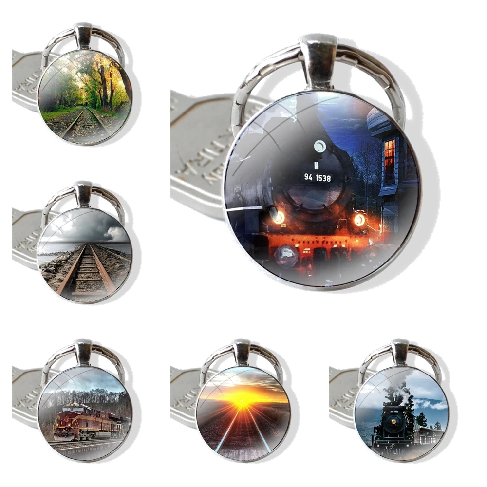 Keychain Handmade Glass Cabochon Key Ring Holder Pendant Key Chains Train Rail sunlight