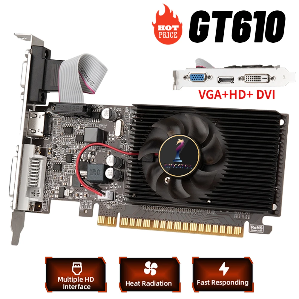 GT610 بطاقة رسوميات فيديو كمبيوتر ، مروحة كتم الصوت ، واجهة عالية الدقة ، شاشة MHz ، شاشة DDR3 ، الألعاب ، GPU سطح المكتب ، 2 جيجابايت