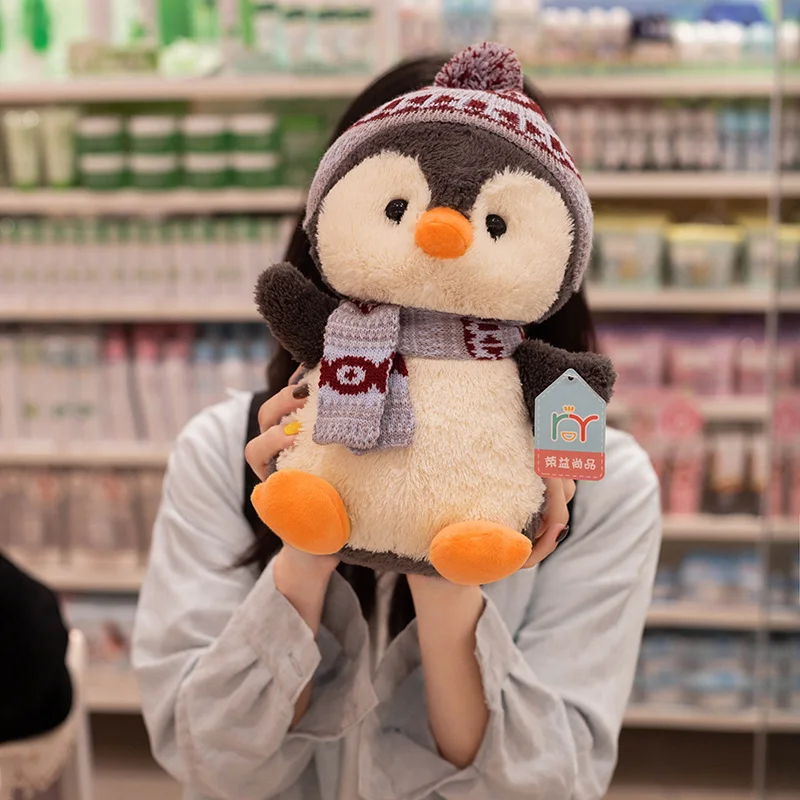 25cm/30cm/35cm Sweet Cute Winter Dressed Up Cartoon Penguin Plush Doll Soft Fluffy Knitted Scarf Hat Penguin Doll Nice Gift