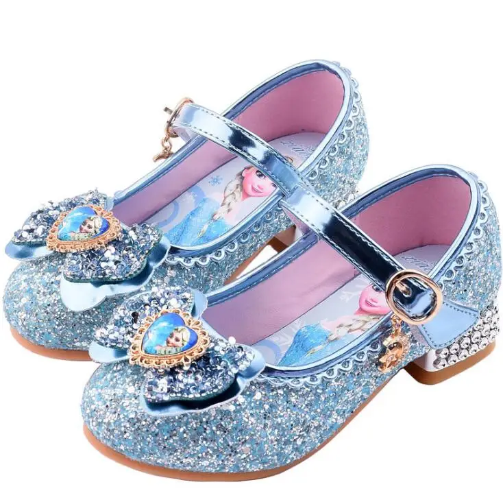 Disney cartoon girls casual shoes children\'s high-heeled shoes elsa princess frozen cartoon bowknot leather crystal party shoes