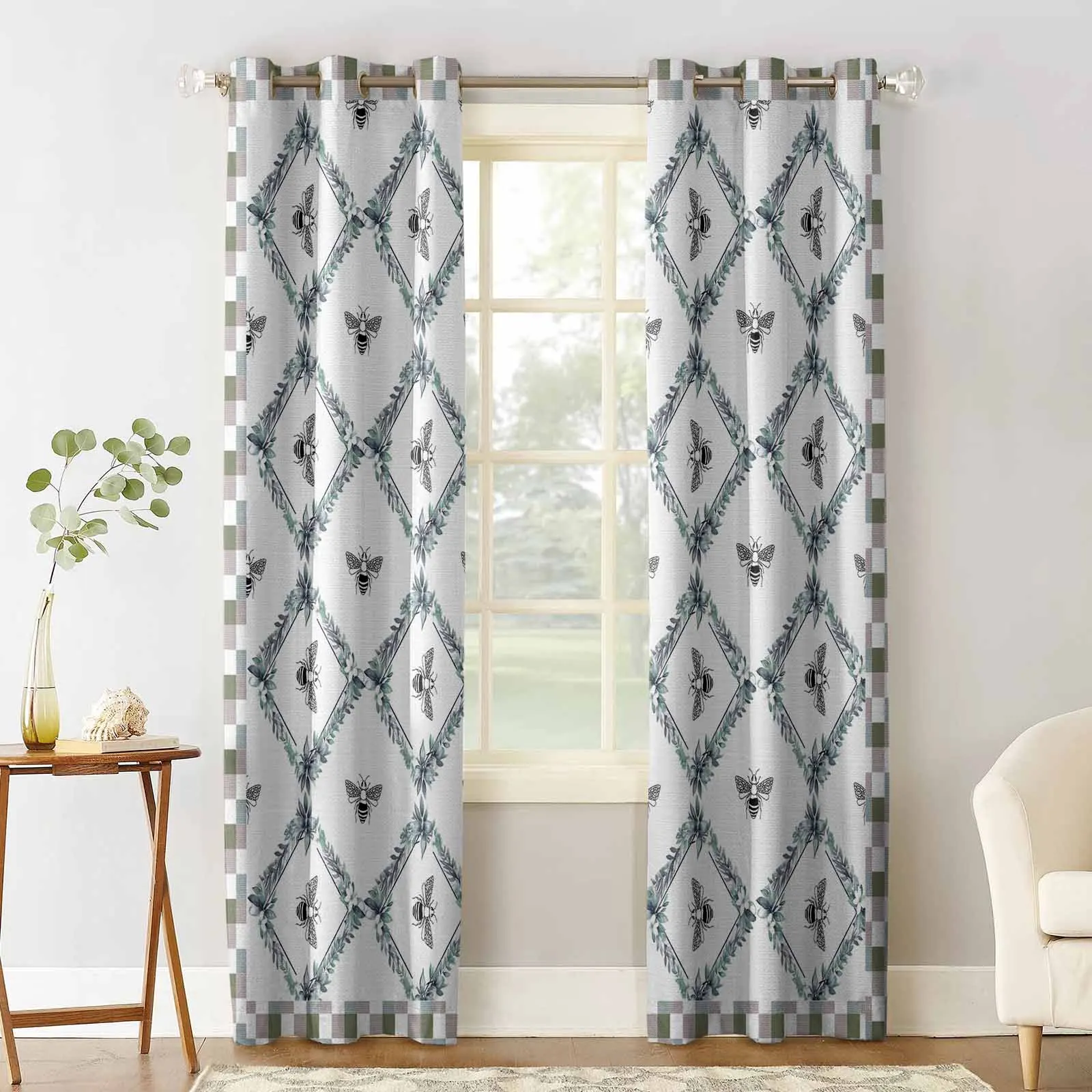 Plaid Bee Watercolor Window Curtains for Living Room Kitchen Curtain Bedroom Decorative Window Treatments