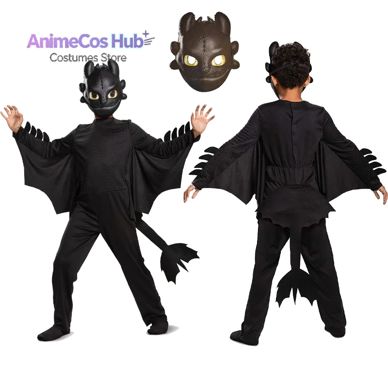 3ps Set Halloween Toothless Cosplay Costume Train Your Dragon Cosplay Clothes Black Fancy Dress Detachable Tail Suit