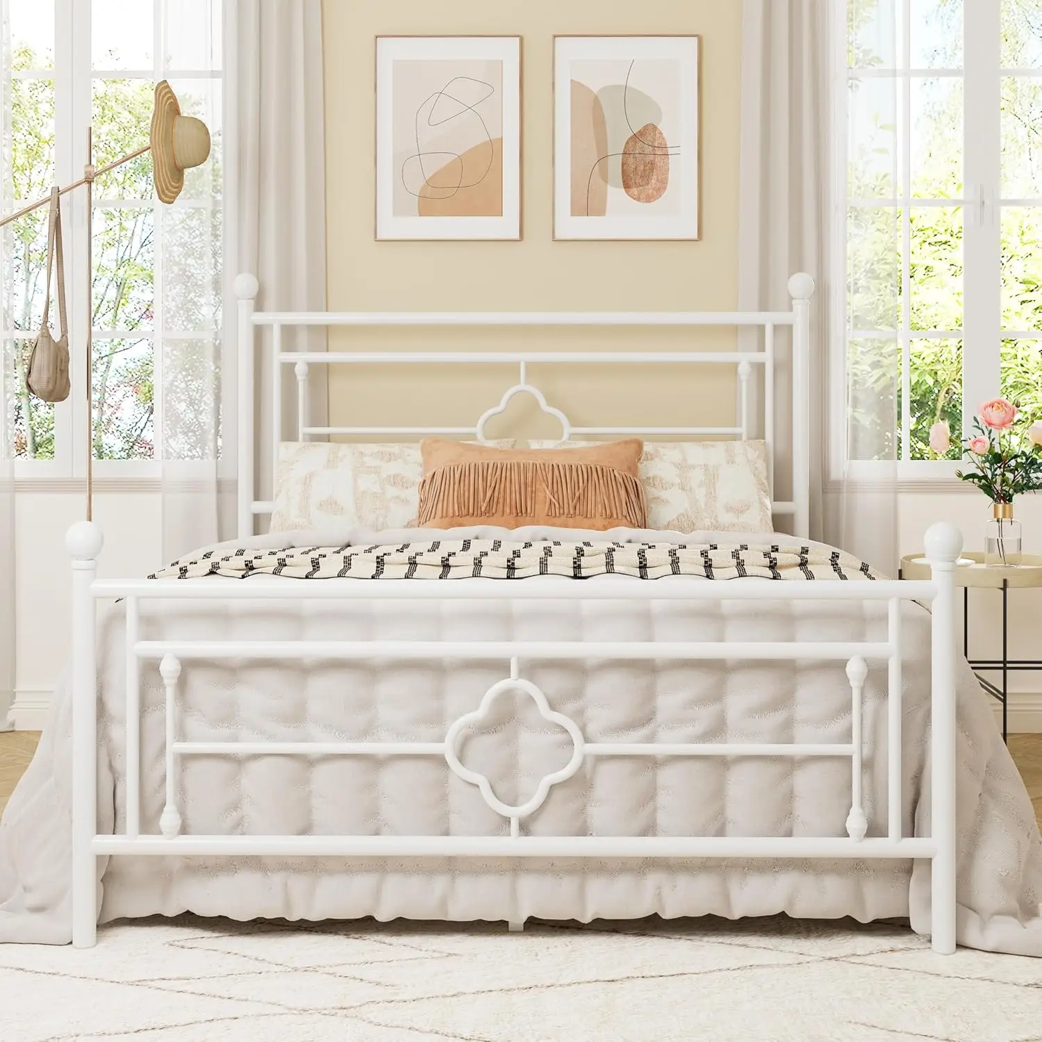 

Full Size Metal Platform Bed Frame with Victorian Headboard, Under Bed Storage, No Box Spring Needed, White