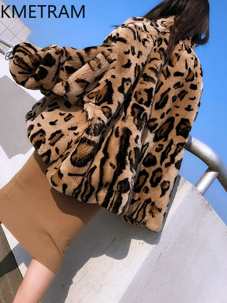 KMETRAM 100% Whole Rex Rabbit Fur Jacket Women Fashion Leopard Fur Coats Winter Oversize Fur Coat Woman Clothing 72cm 2026 шуба