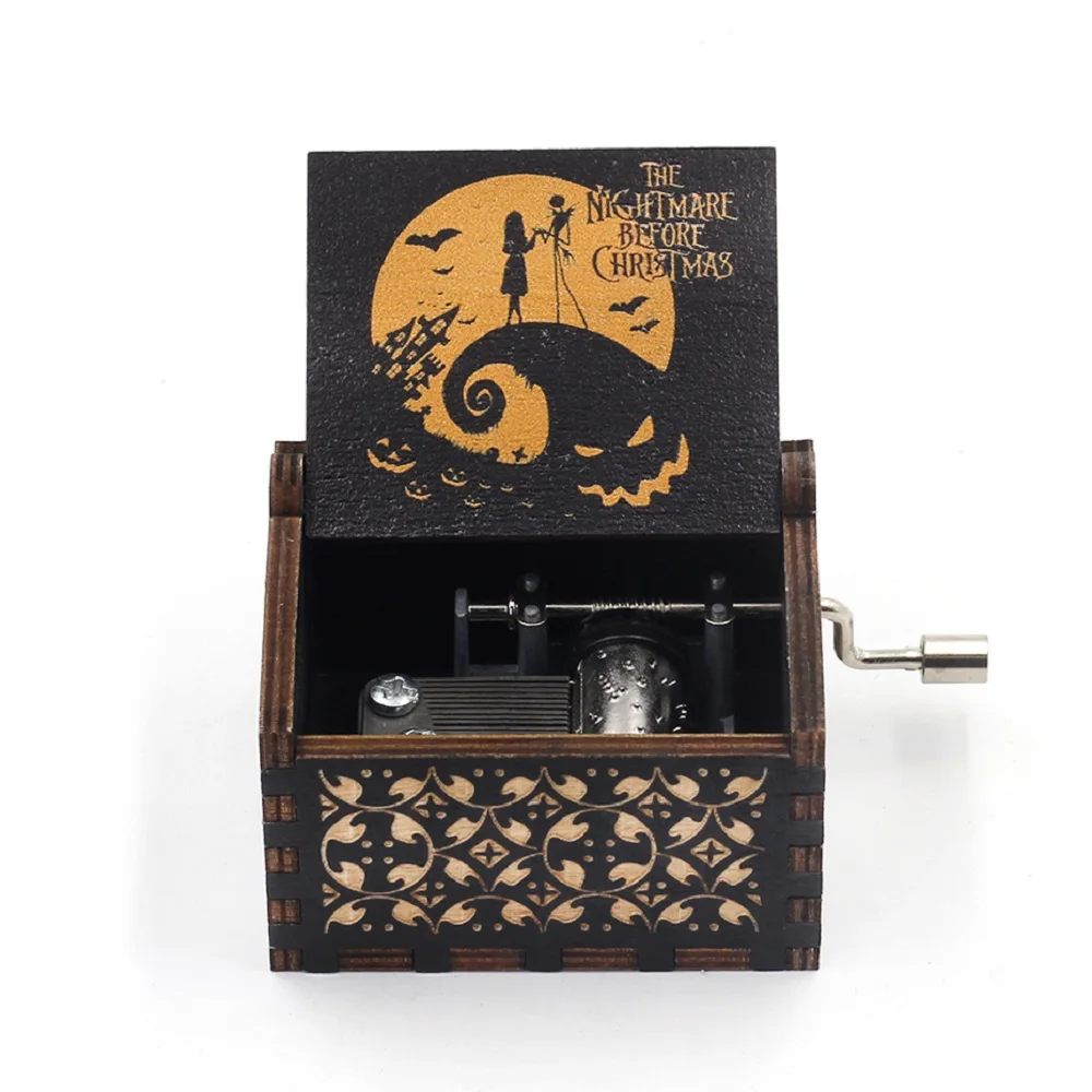 Halloween Music Box Wooden Christmas Eve Fright Hand Crank Carving Music Box This is a Halloween mini wooden music box