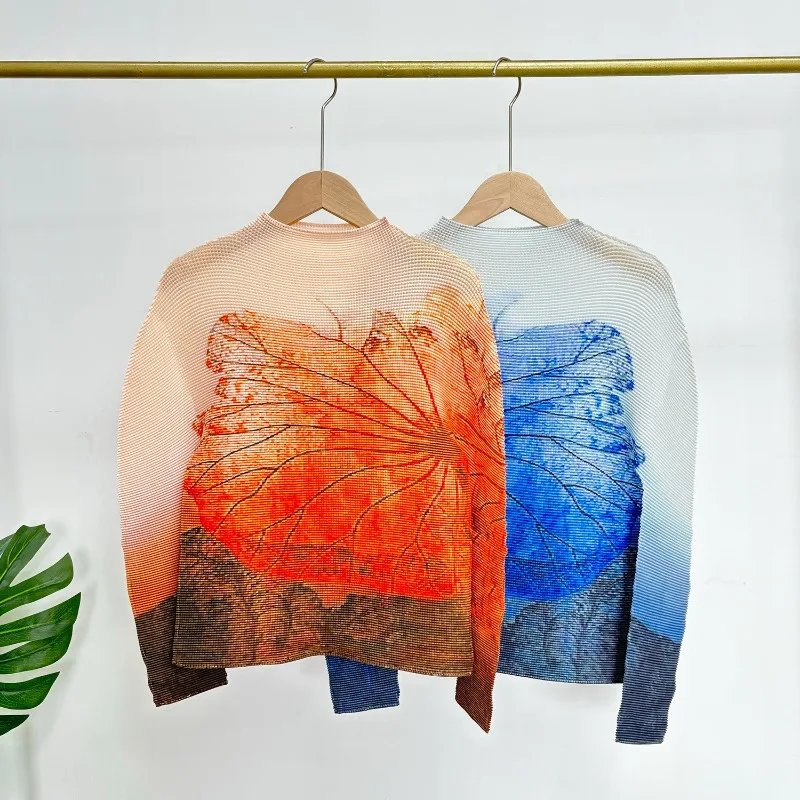 미야케 플리츠 여성용 긴팔 티셔츠 패션 프린트 우아한 하프 하이넥 풀오버 심플 핏 스트레치 플러스 사이즈 의류