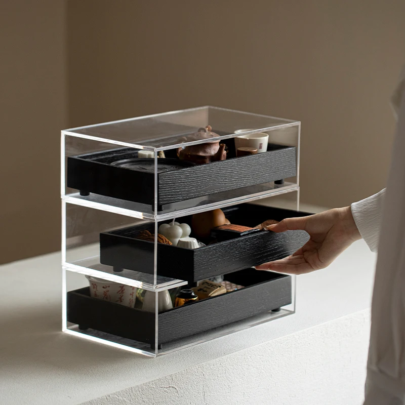 

Vegetable and wood temple, solid wood multi-layer tea set storage box, acrylic tea cabinet, teapot, Wenwan jewelry storage
