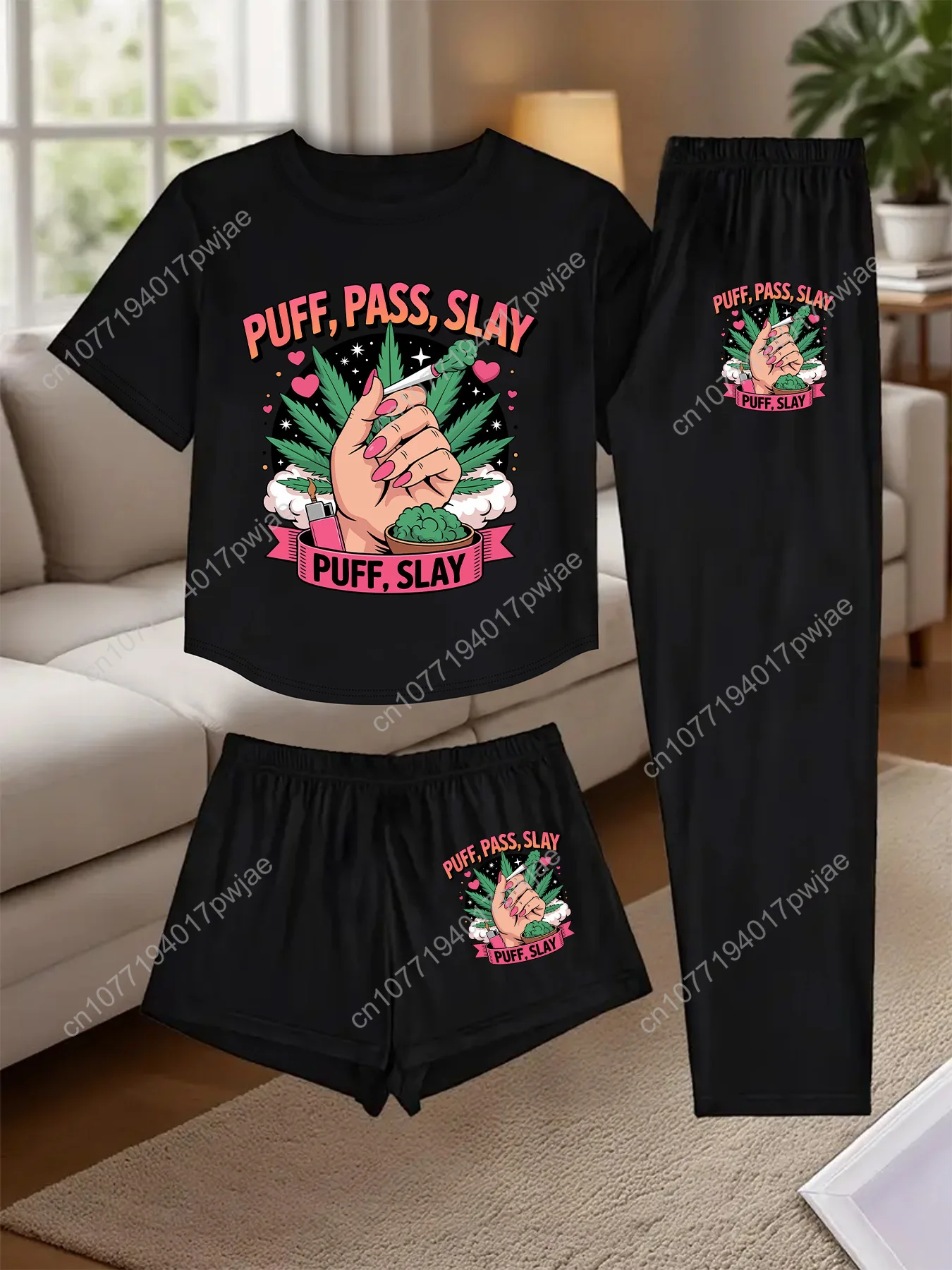 Conjunto de pijama con estampado de hojas y papel rodante de 3 piezas para mujer, ropa de dormir con diseño de hojaldre, paso y enchufe, conjunto de salón 100% con noche de hojas a juego