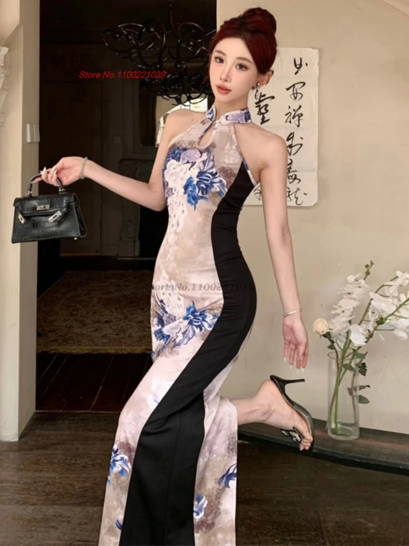 

2025 китайское улучшенное платье Cheongsam без рукавов в стиле пэчворк Ципао с цветочным принтом, вечернее платье, винтажное платье для банкета и ночного клуба