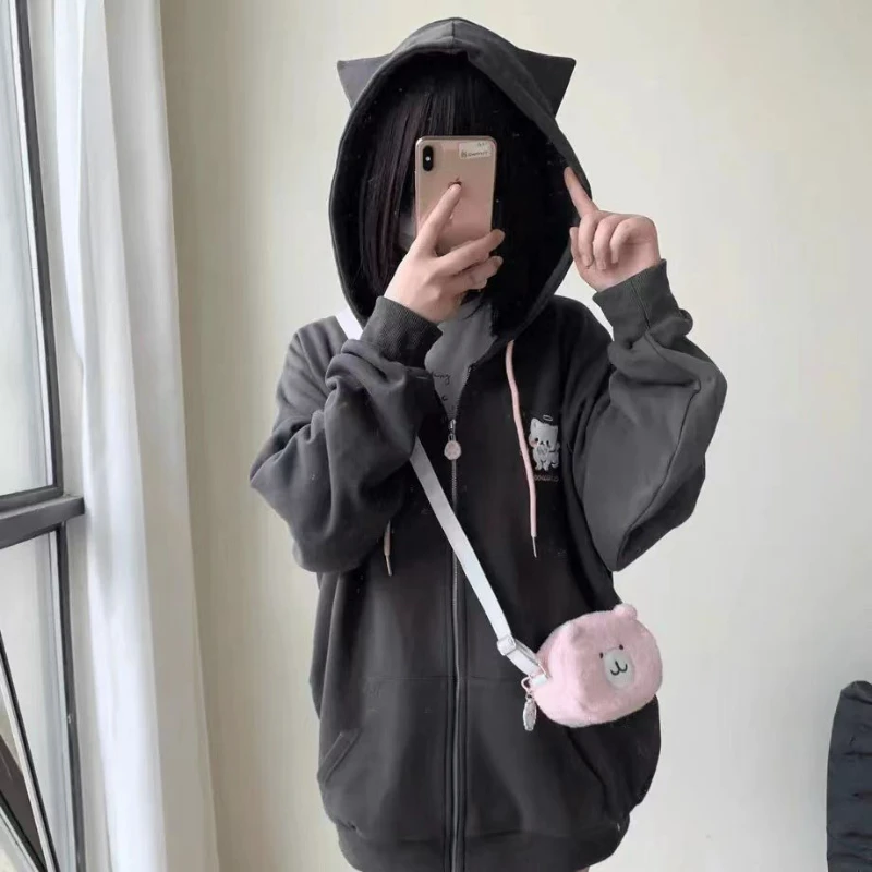 Korean Style Gray Solid Harajuku Hoodies Women Casual Loose Y2k Cuteore Girls Cartoon Embroidery Zipper Hoodes Sweatshirt 2024