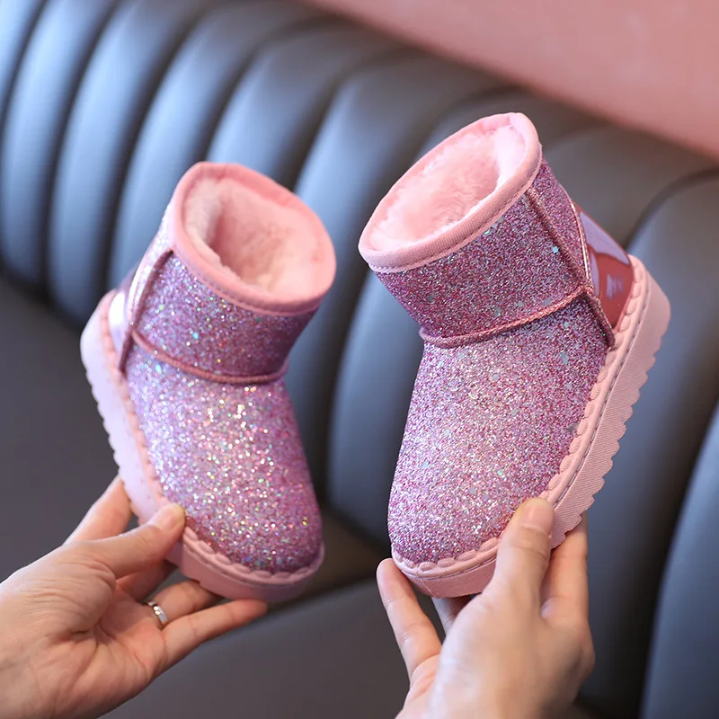Winter Girl Snow Boots Children Glimmer Thick Fur Shoes Kids Short Boot Warm Beautiful Stylish Slip-on Autumn Teen Sequin Shoes