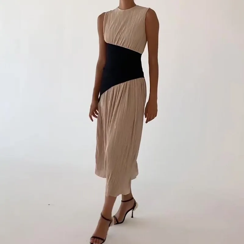 2025 봄 여름 신상 여성 의류 플리츠 불규칙 블랙 패치워크 민소매 타이트 롱 드레스