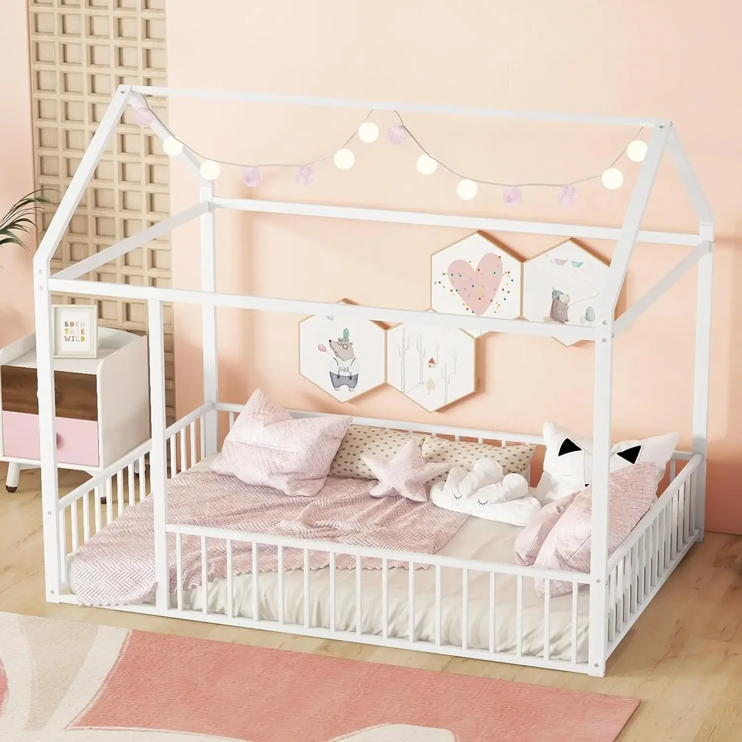 Size Montessori Floor Bed, Metal House Bed Frame, House Floor Bed for Kids, Montessori Floor Bed with Fence, Playhouse for Kids,