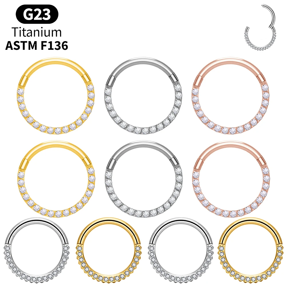 1/6/12PCS ASTM F136 Titanium Sparkly CZ Round Hoop Hinged Segment Ring Nose Septum r biocompatibility and comfort Seamless