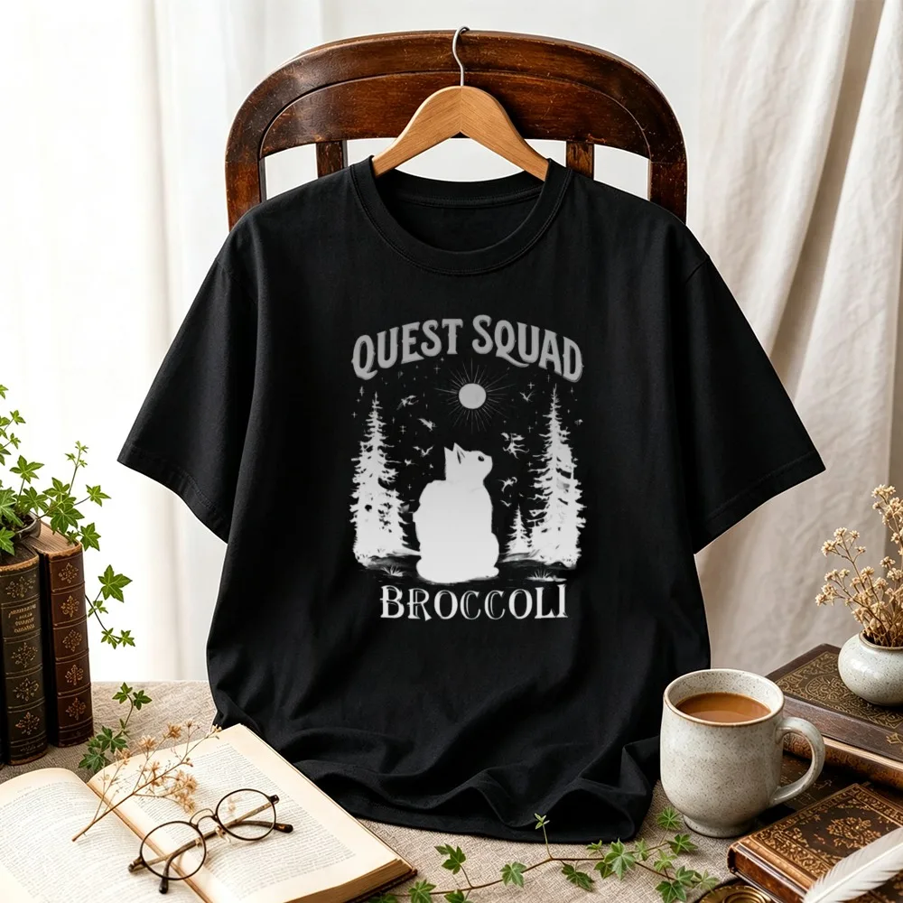 Quest Squad Broccoli Backpack Black Cat Forest Vintage T-Shirt Outdoor Adventure Cat Graphic Tee Unisex Book Fandom Casual Tops