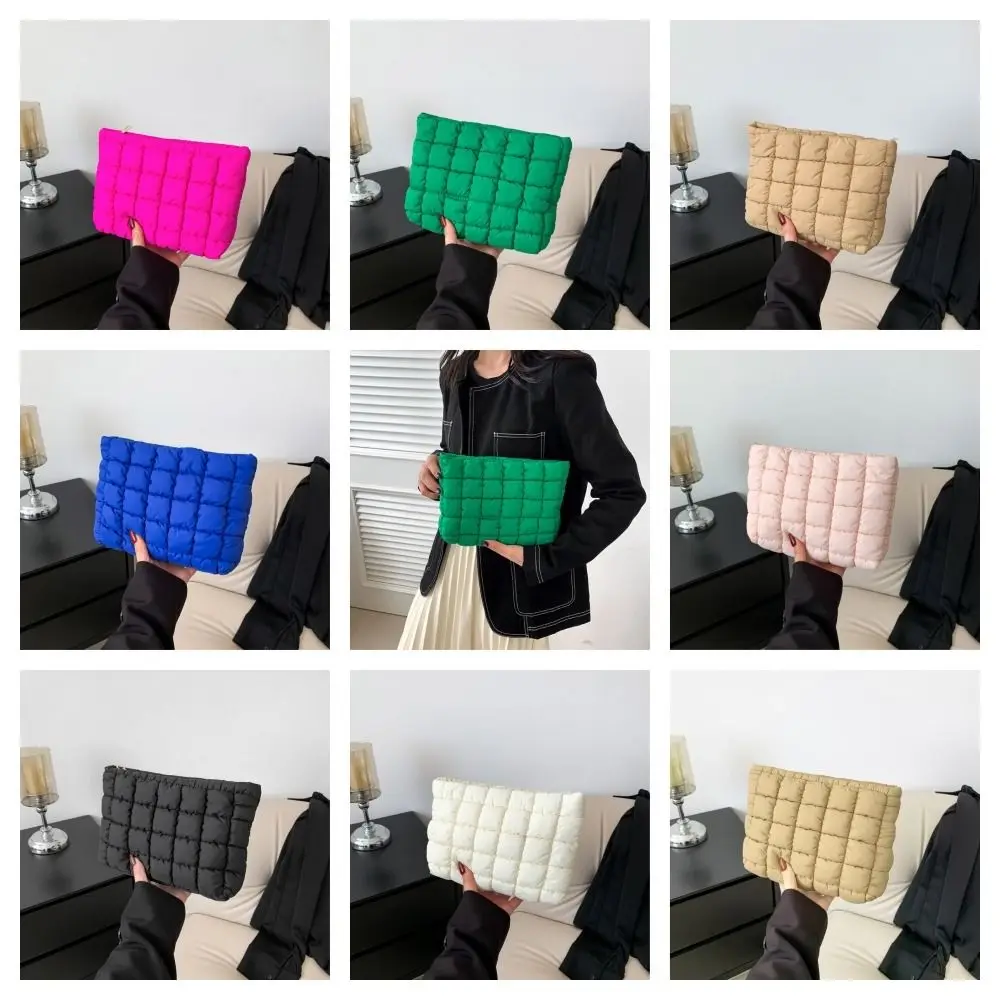 

Simple Puffy Quilted Padded Makeup Bag Zipper Handbag Cotton Clutch Bag Solid Color Storage Bag Cosmetic Bag Outdoor