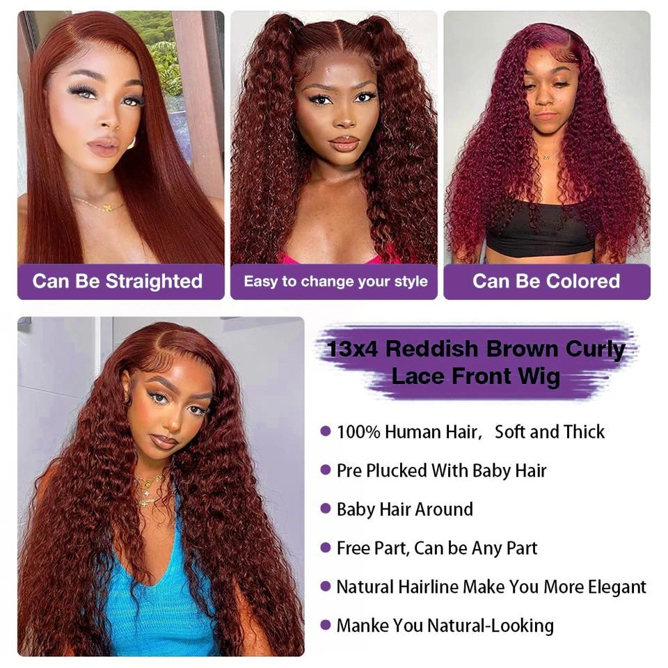 Reddish Brown 13x6 Water Wave Lace Frontal Glueless Wig Copper Red 13X4 Water Wave Human Hair Wigs 5X5 HD Closure Wig PrePlucked