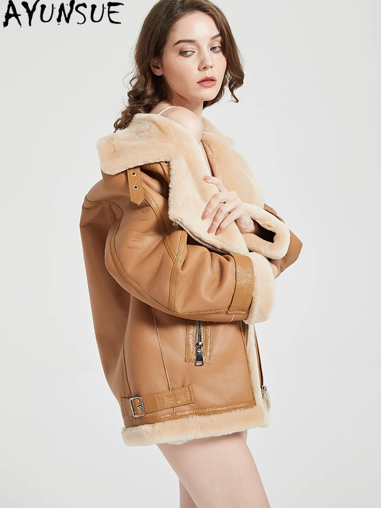 AYUNSUE Real Leather Jacket Winter Clothes 2025 Natural Sheepskin Fur Coat Women Vintage Motocycle Jackets Woman Streetwear