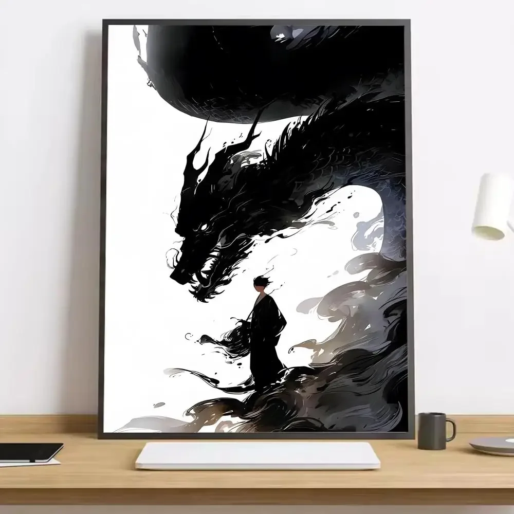 2027Asian Ink Style Dragon Shadow Waves Art Painting HD Poster  new