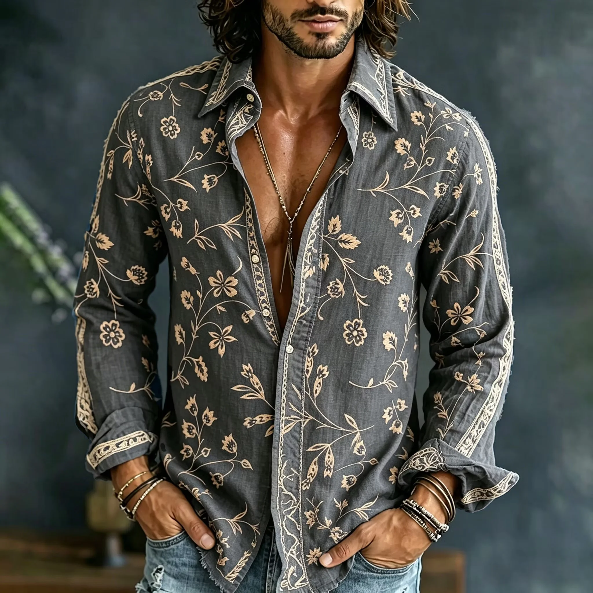

New rice white ink wash knight print men's long sleeved shirt, Chinese style casual loose fitting shirt clothing