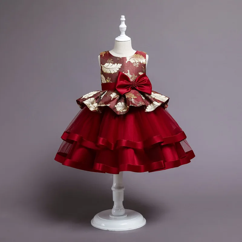 

Kid Sleeveless Jacquard Bodice Dress Large Bow Bead Accent Tiered Tulle Children Skirt Satin Ribbon Trim Party Gown for Girl