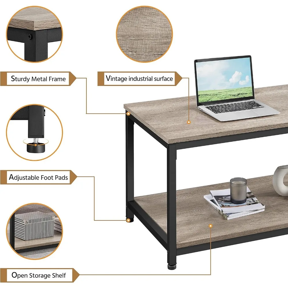 Stolik kawowy Industrial Gray, 100 cm, 2-poziomowy, z półką do przechowywania, łatwy montaż, drewniany stolik centralny do salonu