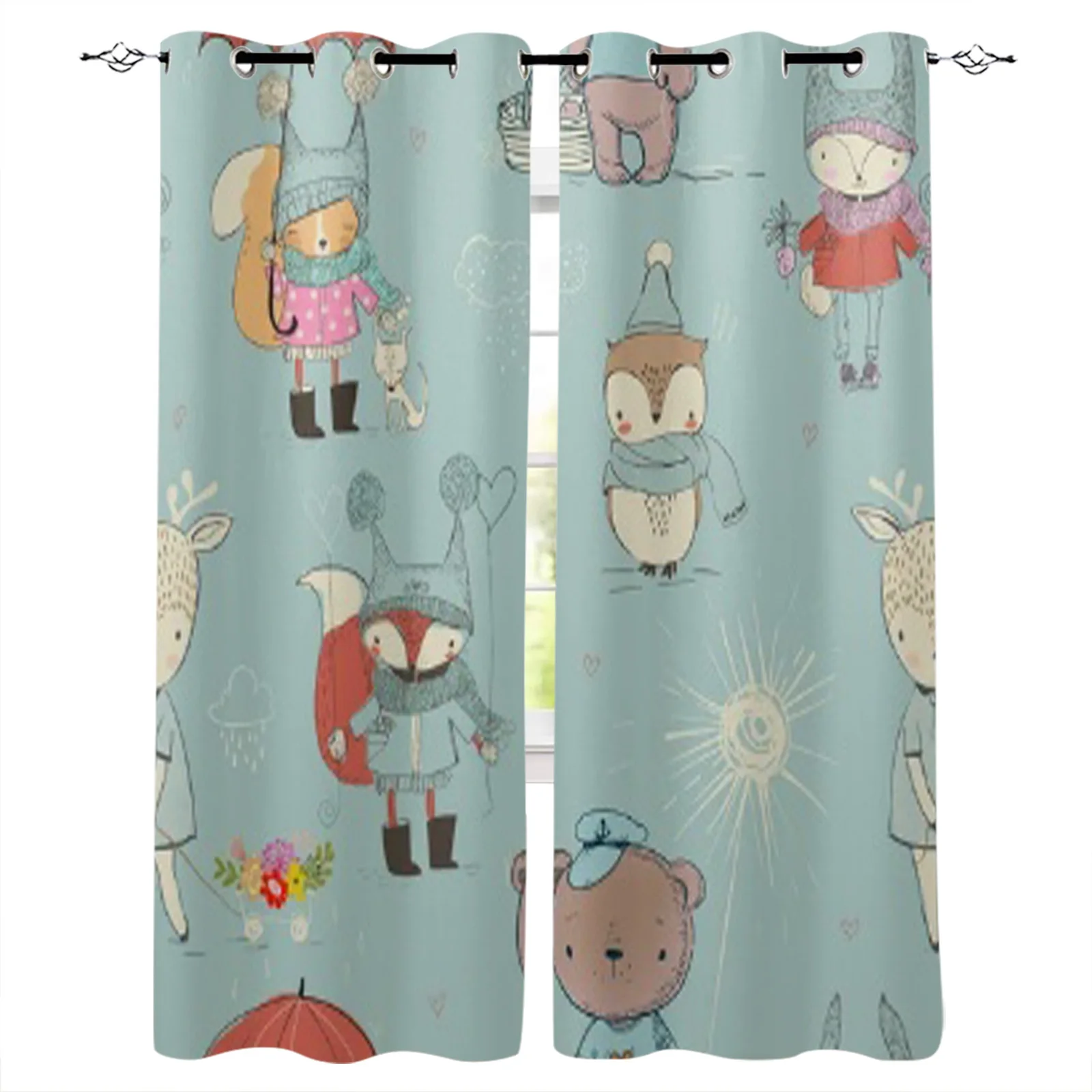 Cute Little Doodle Animals Window Curtains Home Living Room Kitchen Home Textile Decoration Bedroom Curtains