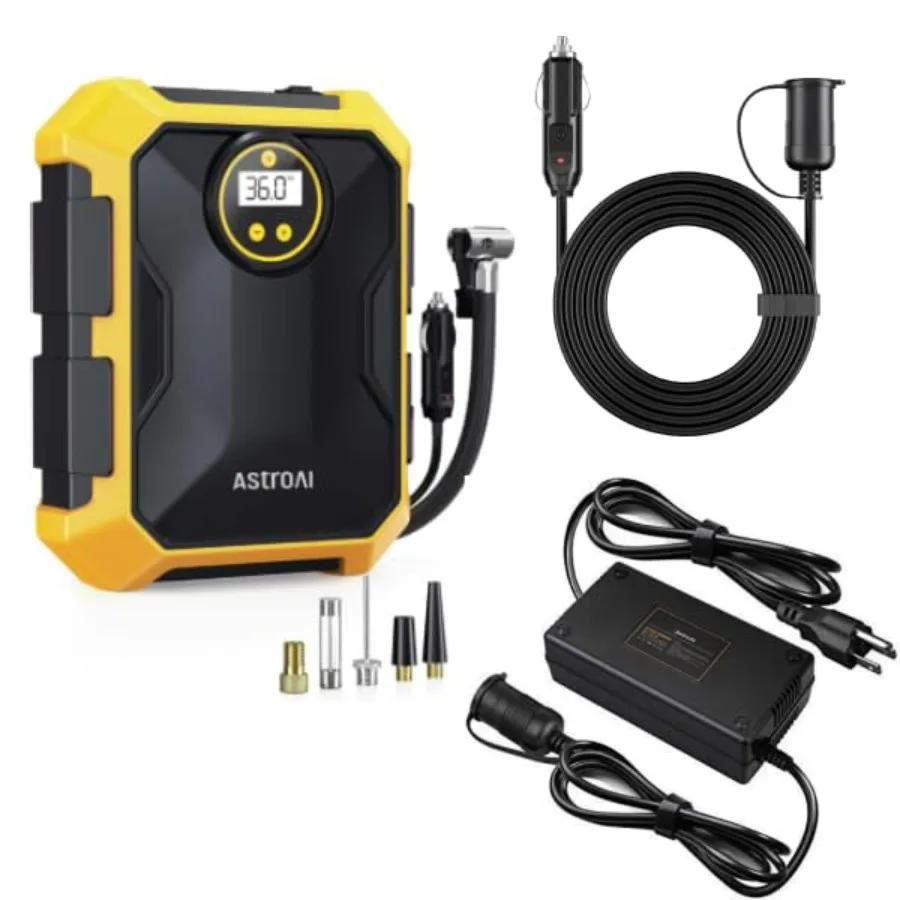 

Air Compressor Tire Inflator with AC to DC Converter and Cigarette Lighter Extension Cord for Car Emergency Use Black