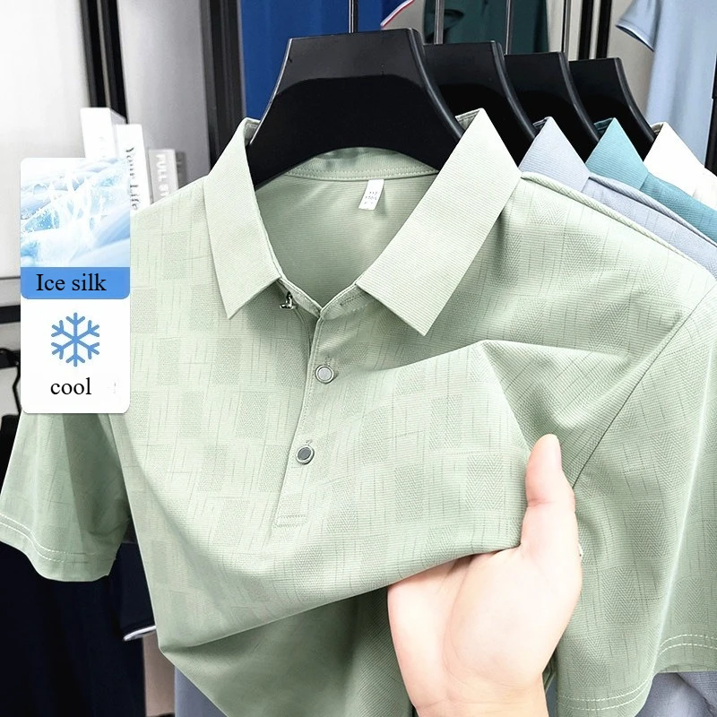 GELITAYIN Men's Polo Shirt Ice Silk Cool Short Sleeve Summer Solid Plain Comfortable Breathable Elastic Top Holiday Vacation But