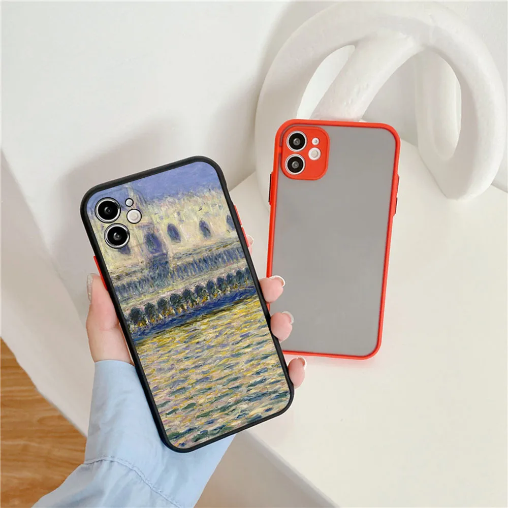 Cases For iPhone 16 15 14 7 8 Plus 13 12 11 Pro Max XS X 13Mini XR SE Retro Claude Monet Frosted Translucent Fundas Phone Case