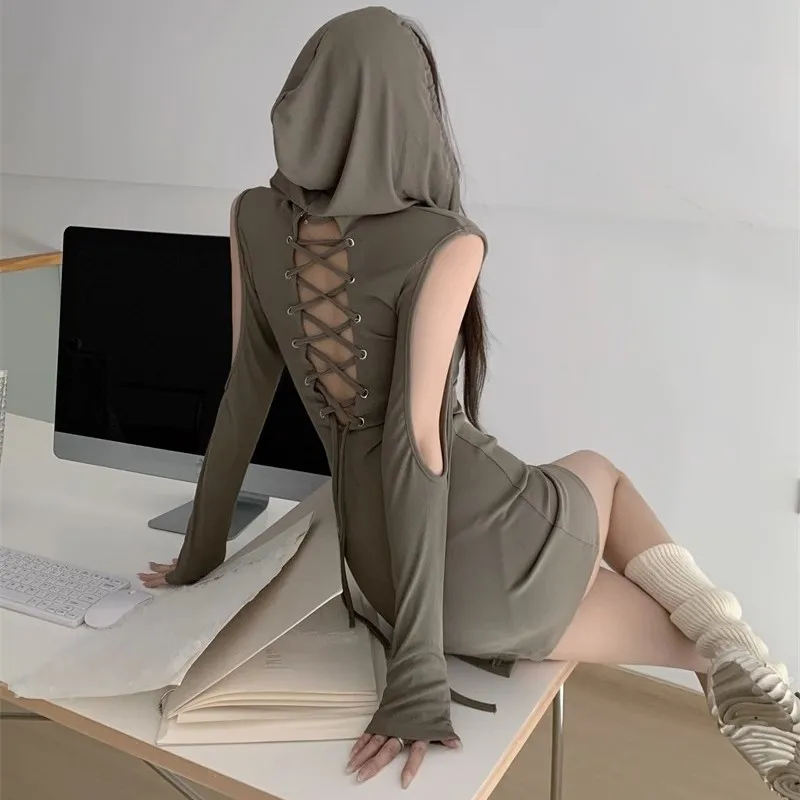 

2026 Spring Women Hooded Cut Out Bodycon Mini Dress Solid V Neck Tie Waist Lace Up Backless Y2K Streetwear Party Dress