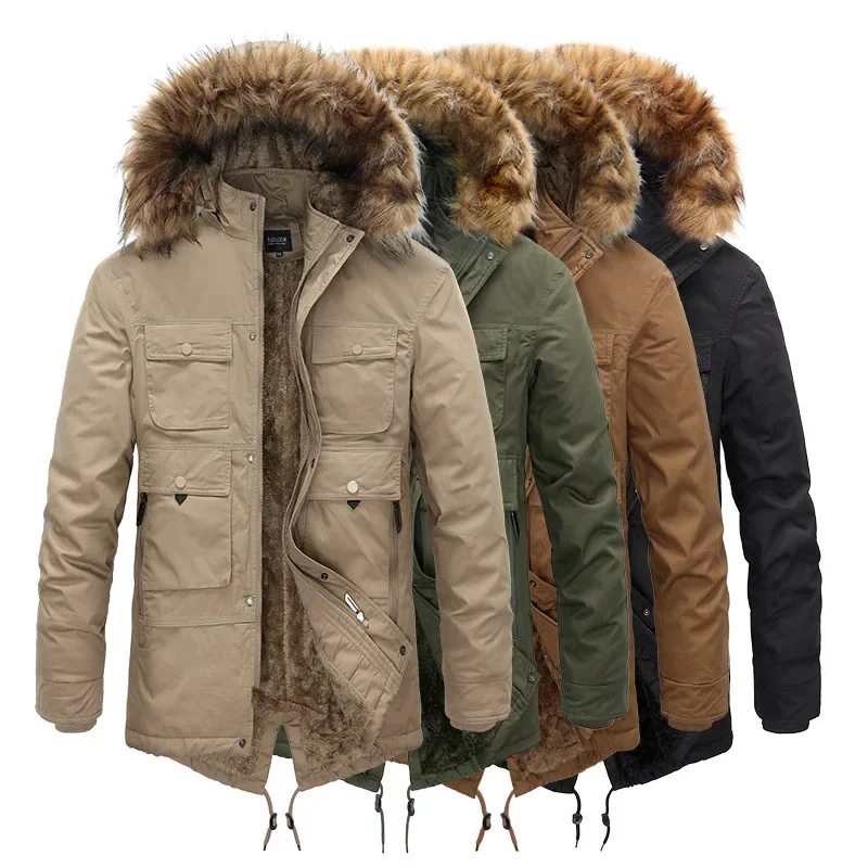 Men Winter Plus Size Parkas Fleece Mid Length Padded Coat with Fur Collar for Warmth