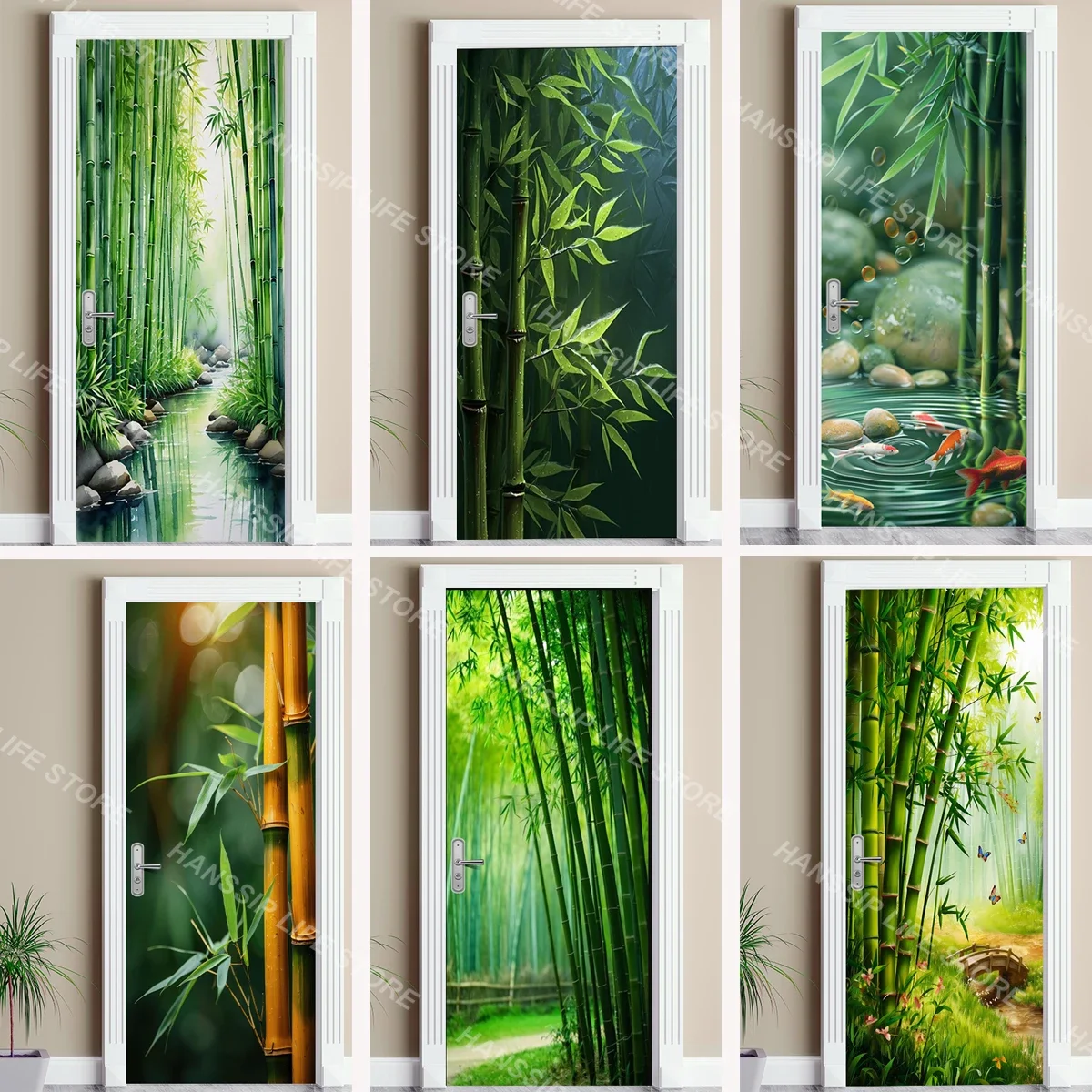 

Chinese Style Green bamboo Door Stickers Wallpaper Self-adhesive Waterproof Floral Oriental Door Mural Decals Home Decoration