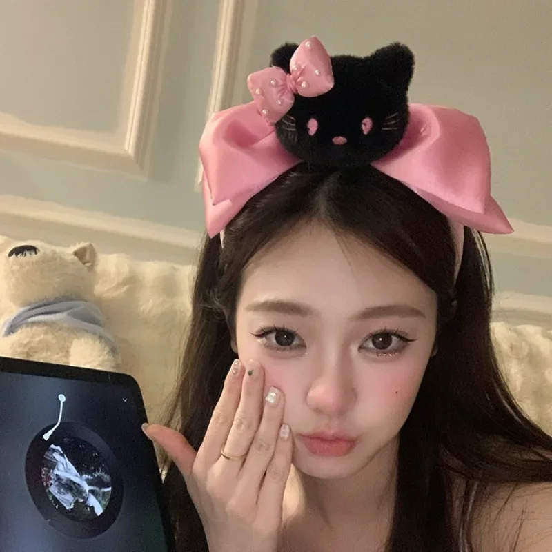 Kawaii Sanrio Hello Kitty Bow Fascia per capelli Ragazze Peluche Fasce per capelli Cravatta per capelli Make Up Kitty Cat Accessori Y2K Fascia per capelli Giocattolo Regalo carino