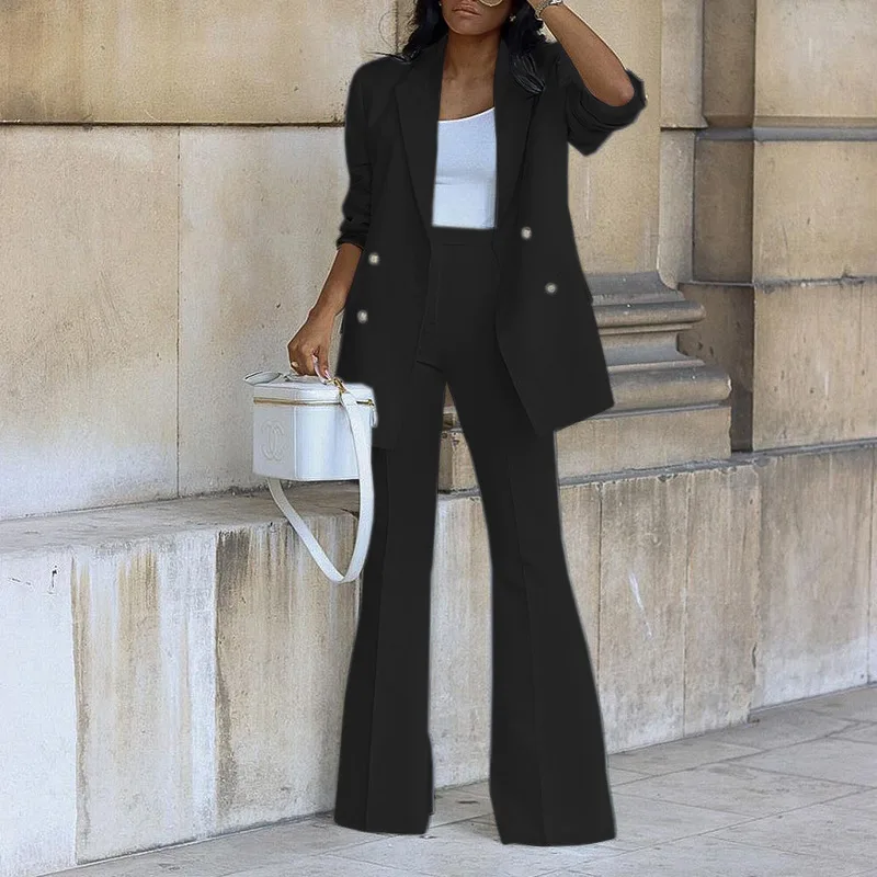 Autumn New Solid Color Casual Suit Wide Leg Pants Suit Two-piece Set Blazer Women\'s Professional Pants Dress Two-piece Suit