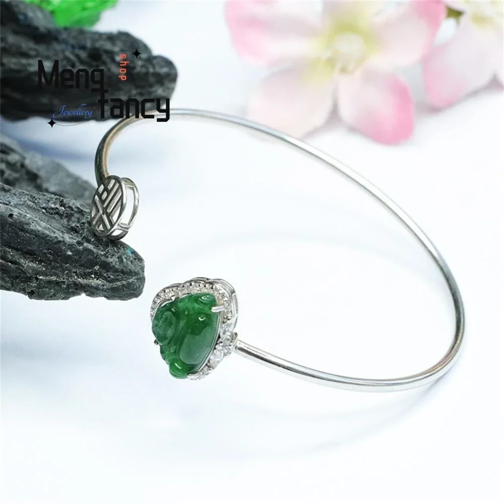 S925 Silver Lnlaid Ice Jadeite Buddha Jade Imperial Green Bangle Exquisite Elegant Simple High-grade Luxury Quality Fine Jewelry