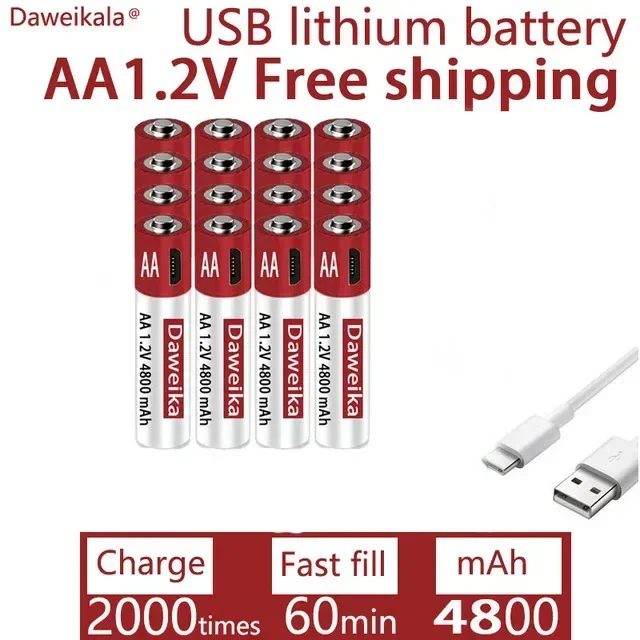 AA Rechargeable Lithium Battery, 1.2V USB Rechargeable AA Battery, AA, 4800mAh, Toy Mouse Remote Control, Free Delivery CE  FCC