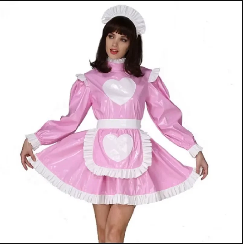 Pink Thin PVC Foldable Collar Pleated Hem Heart-shaped Apron Long Sleeved Fetish Adult Giant Baby Sexy Girl Dress