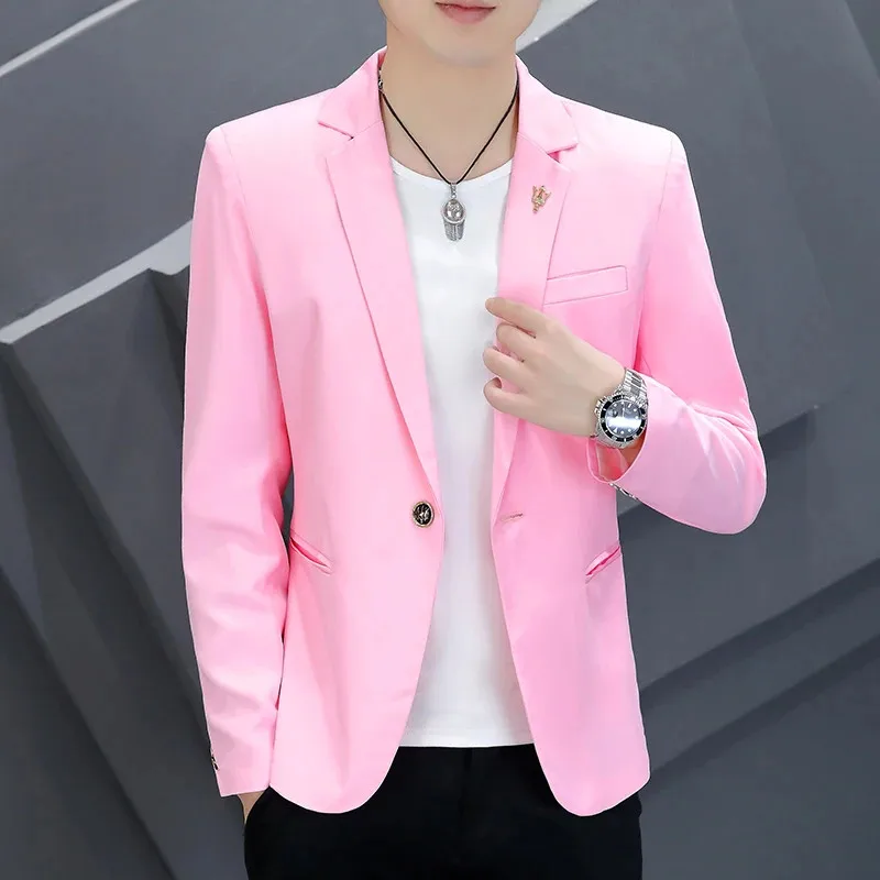 Men Korean Version Slim-fit Fashion Suit Men Spring and Autumn Handsome Pink Suit Trend Casual Coat