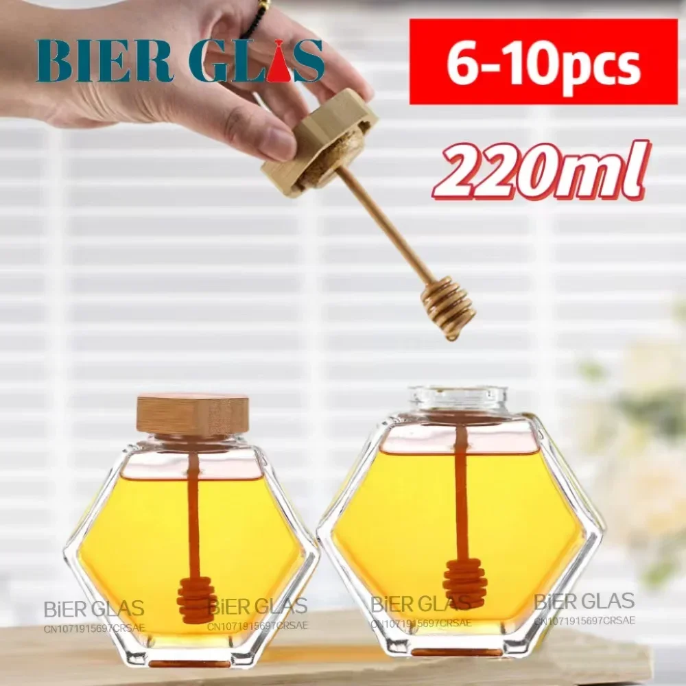 220ml 6pcs 8pcs Hexagon Honey Jar Stick Bottle with Dipper Spoon Spice Pots Glass with Bamboo Lid Storage Container Party Gift