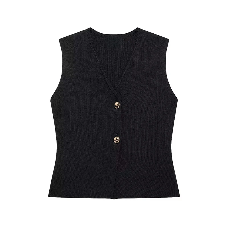 KUCLUT Women Fashion Chic Gold Button Plain Knit Vest Tops Female V-Neck Waistcoats Ladies Cusual Knitwear