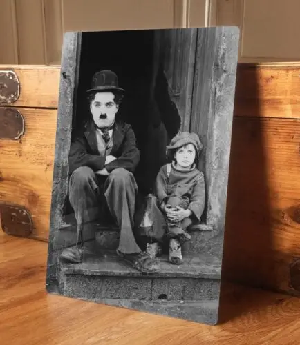 Charlie Chaplin Metallschild, Poster, The Kid Film, Vintage-Foto, 2 Größen, Aluminium