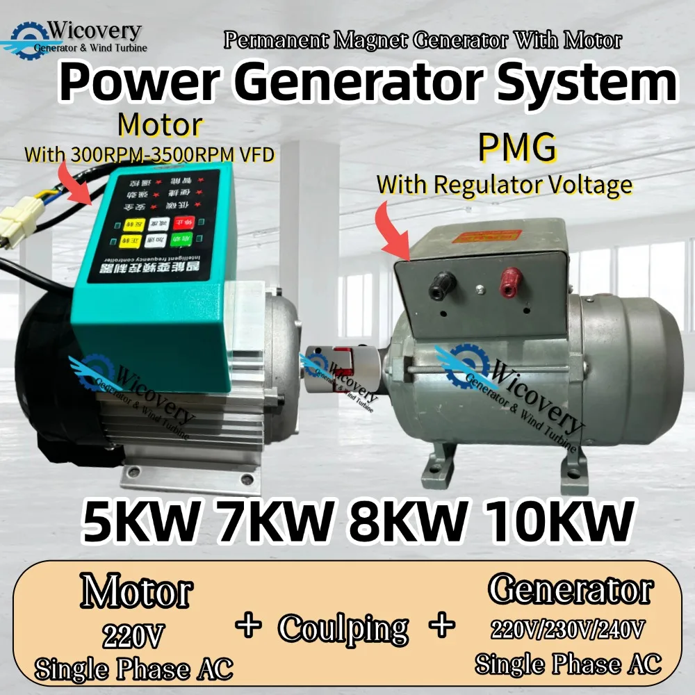 System generatora prądu 5KW 7KW 8KW 10KW 220V 240V 1-fazowy alternator z magnesami trwałymi z zestawem silnika VFD i obciążeniem rezystancyjnym.