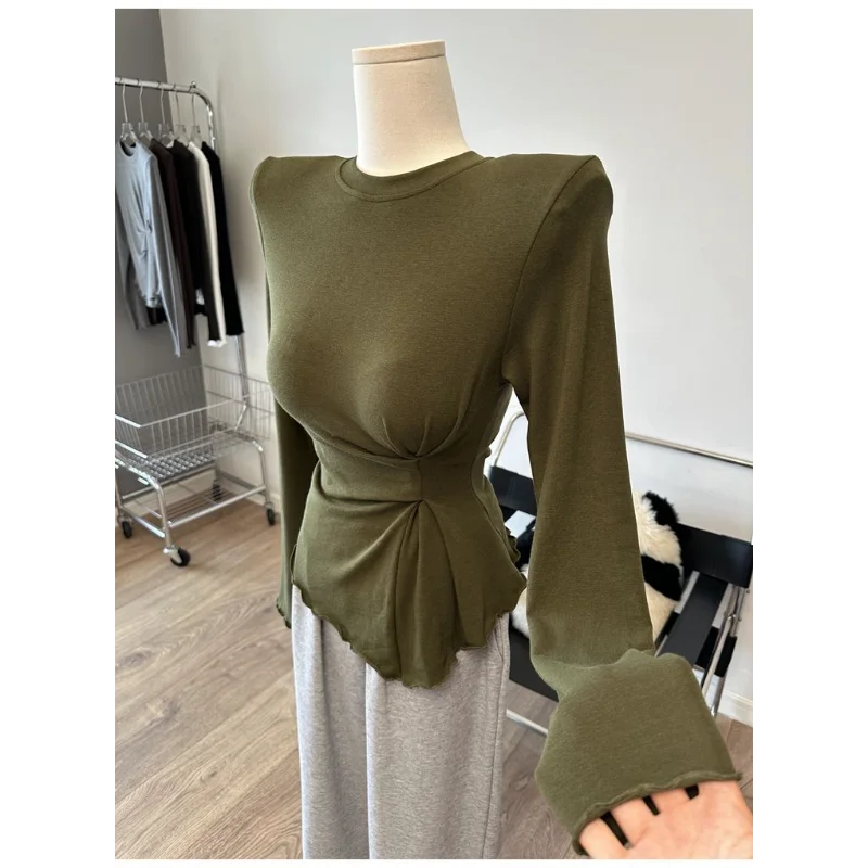 

Женские новые стильные наплечники с круглым вырезом, плиссированные серьги, футболка с длинными рукавами, топ с длинными рукавами на талии